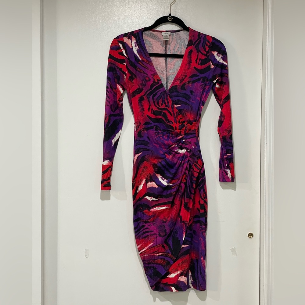 CACHE Purple/Red Swirl Print, Jersey Long sleeve Dress Size X-Small